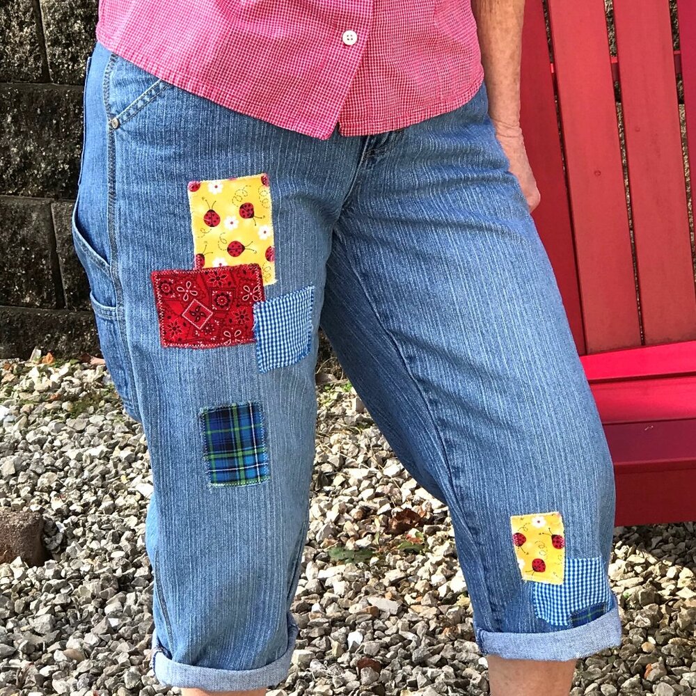Upcycled Patchwork Denim Capris, Handmade Summer Garden Patches Women's Size 10